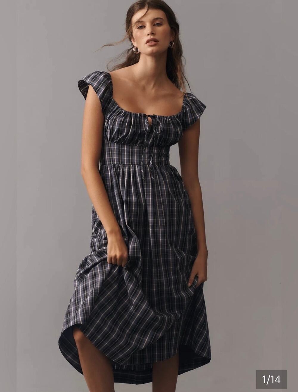 Anthropologie Flutter-Sleeve Square-Neck Midi Dress Color: Navy Plaid